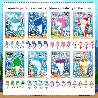 24 Sheets Make Your Own Shark Stickers for Kids Toddlers, Sea Ocean Animals Birthday Party Favors Activities - style: Shark