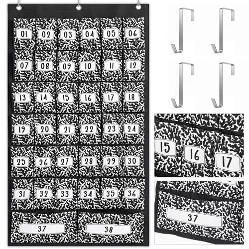 Colarr 38 Composition Book Classroom Pocket Chart Organizer with Numbers Oxford Fabric Cell Phones Calculator Holder for Classroom Pocket Organizer Hanging Chart with Numbered Slots and 4 Hooks - style: Composition Book