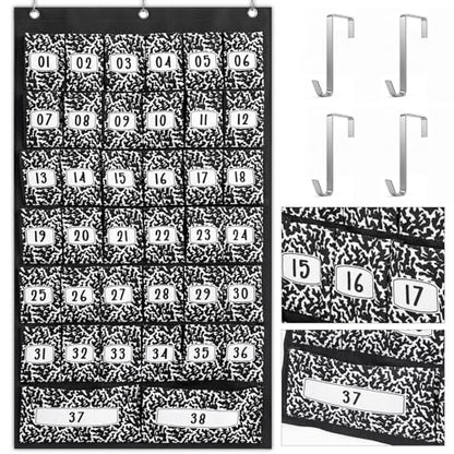 Colarr 38 Composition Book Classroom Pocket Chart Organizer with Numbers Oxford Fabric Cell Phones Calculator Holder for Classroom Pocket Organizer Hanging Chart with Numbered Slots and 4 Hooks - style: Composition Book