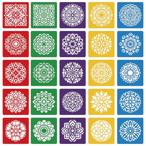 CUTHOLLOW 25PCS Mandala Painting Shape Stencils Sets - 8 Inch Reusable&Washable Drawing Template, Different Primary Themed Sidewalk Chalk Art Stencils Kit for Craft Room Wall Paper - style: Mandala
