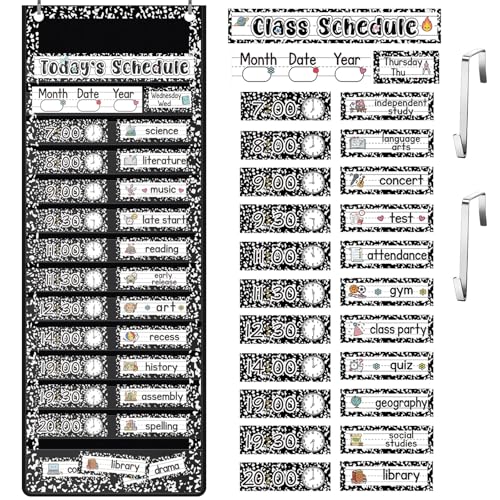 Gueevin Composition Book Daily Schedule Pocket Chart & Card Set Include 1 Hanging Chart with 24 Pockets 2 Metal Hooks 60 Schedule & Activity Cards Reusable Calendar for Kindergarten Daycare Decor - style: Composition Book