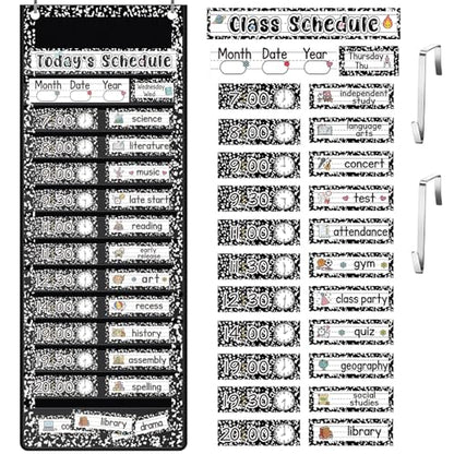 Gueevin Composition Book Daily Schedule Pocket Chart & Card Set Include 1 Hanging Chart with 24 Pockets 2 Metal Hooks 60 Schedule & Activity Cards Reusable Calendar for Kindergarten Daycare Decor - style: Composition Book