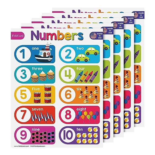 FoldCard Numbers 1-10 Chart Educational Poster 8.5x11 5pk | Glossy cardstock; bright classroom decorations; preschool-grade 1 learning aid for kids & school supplies - color: Numbers 1-10