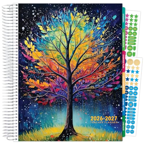 DELUXE TEACHER PLANNER Aug 2026-Jul 2027 8.5x11 Daily Weekly Monthly Organizers with 7 Periods, Pocket Folder, Dated Calendar, Page Tabs, Bookmark and Planning Stickers (Black Tree Seasons) - color: Black Tree Seasons