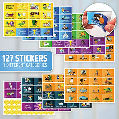Large Magnetic Reward Chart for Multiple Kids (1-3 Kids) - 127 Pre-Written Stickers (Including Potty Training) + 30 Custom Chores - Behavior, Responsibility & Incentive Star Chart for Your Fridge - style: Up to 3 Kids