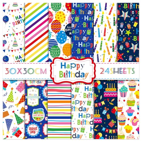 24 Sheets Happy Birthday Scrapbook Paper Pad,160gsm Textured Double-Sided Pattern Planner Junk Journal Craft Paper,Card Making Supplies,30×30cm - color: Happy Birthday