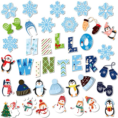 Marspark 68 Pieces Winter Classroom Decoration Christmas Bulletin Border Decoration Hello Winter Cutouts Snowman Penguin Snowflake Wall Decor for School Classroom Christmas Party - color: Snowman