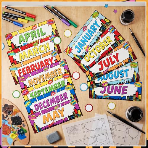 Zonon 48 Pcs Months of The Year Bulletin Board Set 12 Classroom Holiday Monthly Headliners with 36 Confetti Cutouts Seasonal Monthly Bulletin Board Borders Decoration for Classroom(Hero Style) - style: Hero Style