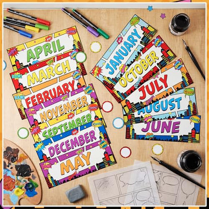 Zonon 48 Pcs Months of The Year Bulletin Board Set 12 Classroom Holiday Monthly Headliners with 36 Confetti Cutouts Seasonal Monthly Bulletin Board Borders Decoration for Classroom(Hero Style) - style: Hero Style