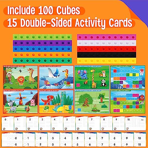 Math Linking Cubes, 100 Math Cube Manipulatives with 30 Learning Activities Number Counting Blocks Snap Linking Math Counters Fun & Educational Pre-K Counting Blocks for Preschool Kindergarten - style: numbers & equation