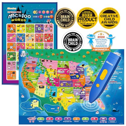 Bilingual Interactive for Kids Talking USA Map Alphabet Poster for Toddlers Learning and Educational Toys,Talking Educational Chart for Ages 3 to 12 Years Old,Learning ABC Letters for Preschool/Gift - style: USA Map & Alphabet Poster