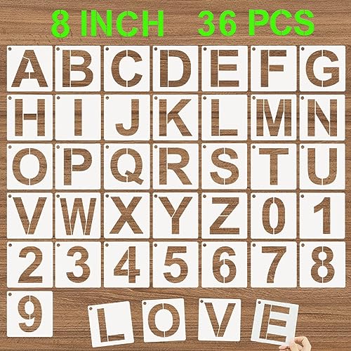 Alphabet Letter Stencils 8 Inch, 36 Pcs Reusable Plastic Letter Numbers Templates, Art Craft Stencil for Painting on Wood, Wall, Glass, Fabric, Rock, Signage - size: 8 Inch
