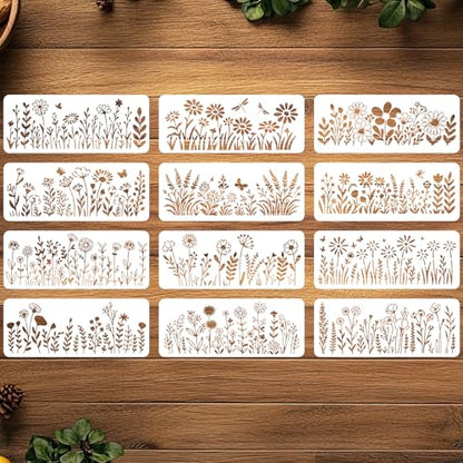 ORIGACH 12 Pcs 11.81 x 4.72 Inches Large Wildflowers Stencil Flowers Stencils Reusable Drawing Template for Painting on Walls, Furnitures, Canvas, Garden - style: Wildflowers