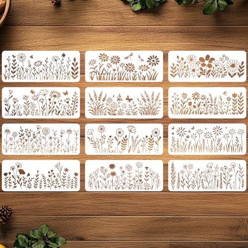 ORIGACH 12 Pcs 11.81 x 4.72 Inches Large Wildflowers Stencil Flowers Stencils Reusable Drawing Template for Painting on Walls, Furnitures, Canvas, Garden - style: Wildflowers