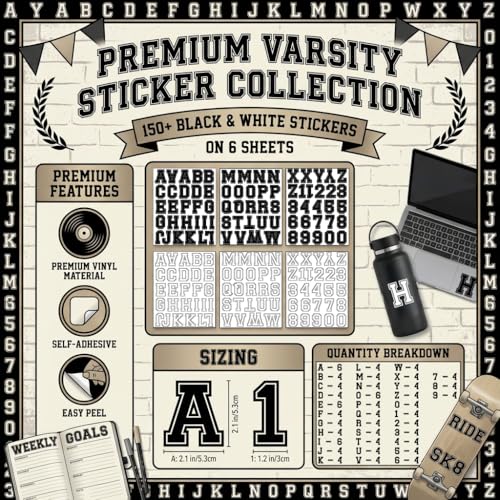 Varsity Letterman Alphabet Stickers – 150+ Black and White Collegiate Vinyl Letter Decals, 2.4 Inch Tall, for Posters, Arts, Crafts, Scrapbooking, and Personalization