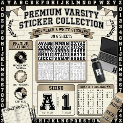 Varsity Letterman Alphabet Stickers – 150+ Black and White Collegiate Vinyl Letter Decals, 2.4 Inch Tall, for Posters, Arts, Crafts, Scrapbooking, and Personalization