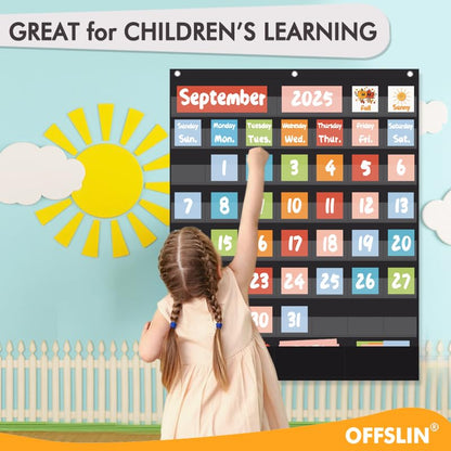 Classroom Calendar Pocket Chart with 70pcs Cards, Kids Calendar Pocket Chart for Classroom Decor, Circle Time Learning Center, School Homeschool Supplies (Black A)