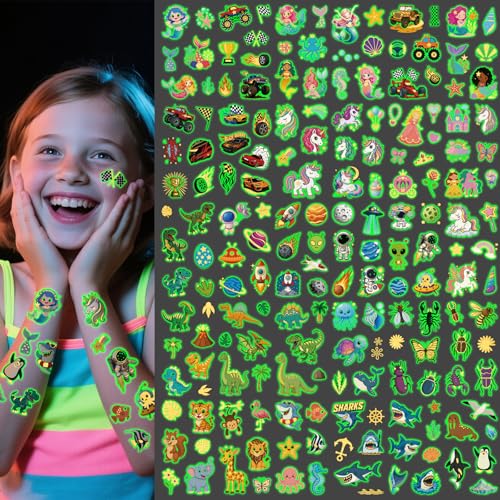 181PCS 30 Sheets Luminous Temporary Tattoos for Kids, Glitter Glow in the Dark Tattoos for Boys and Girls, Mermaid Dinosaur Truck Space Butterfly Fake Tattoo Stickers for Holiday Party Supplies Gifts - color: Glitter Glow