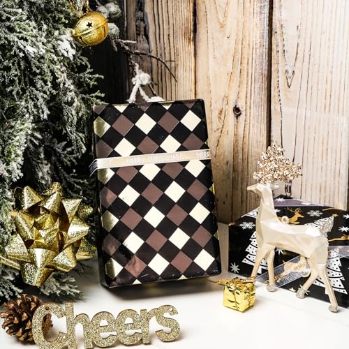 LeZakaa Black Gold Christmas Wrapping Paper Mini Roll, Reindeer Snowflake Tree Grid Metallic Foil Holiday Gift Wrap, DIY Craft, for Xmas Winter Party, 17 x 120 inches, 3 Rolls - color: Reindeer, Snowflake, Grid