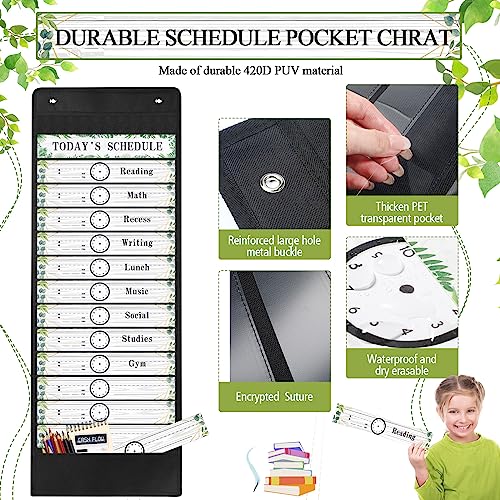 Tatuo Daily Schedule Pocket Chart Classroom Pocket Charts with Reusable Cards and 14 Pockets Farmhouse Classroom Supplies Greenery Schedule Charts for School Office Home Educational Activity(31 Pcs)