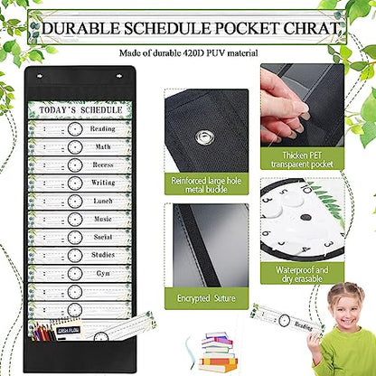 Tatuo Daily Schedule Pocket Chart Classroom Pocket Charts with Reusable Cards and 14 Pockets Farmhouse Classroom Supplies Greenery Schedule Charts for School Office Home Educational Activity(31 Pcs)
