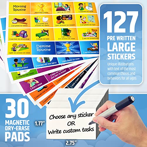 Large Magnetic Reward Chart for Multiple Kids (1-3 Kids) - 127 Pre-Written Stickers (Including Potty Training) + 30 Custom Chores - Behavior, Responsibility & Incentive Star Chart for Your Fridge - style: Up to 3 Kids