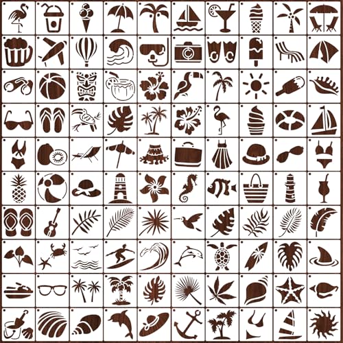 100 Pcs Small Stencils for Painting on Wood 2 x 2 Inches Reusable Stencil Crafts Drawing Templates Holiday Wall Paper for DIY Scrapbook Rock (Summer) - color: Summer