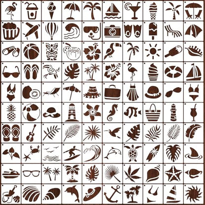 100 Pcs Small Stencils for Painting on Wood 2 x 2 Inches Reusable Stencil Crafts Drawing Templates Holiday Wall Paper for DIY Scrapbook Rock (Summer) - color: Summer