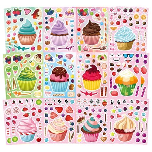 24 Sheets Make Your Own Cupcake Stickers for Kids - Make-a-Face Sticker, Dessert Stickers Mix and Match Sweets Fruit & Teacher Reward Supplies, Birthday Gifts - style: Cupcake