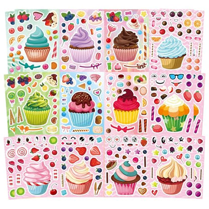 24 Sheets Make Your Own Cupcake Stickers for Kids - Make-a-Face Sticker, Dessert Stickers Mix and Match Sweets Fruit & Teacher Reward Supplies, Birthday Gifts - style: Cupcake