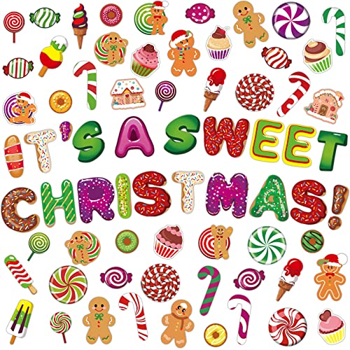 Marspark 68 Pcs Candy Land Cutouts Christmas Bulletin Border Decoration Peppermint Lollipop Round Gingerbread Man Wall Cutouts It's a Sweet Christmas Decor for Classroom Holiday - color: Candy