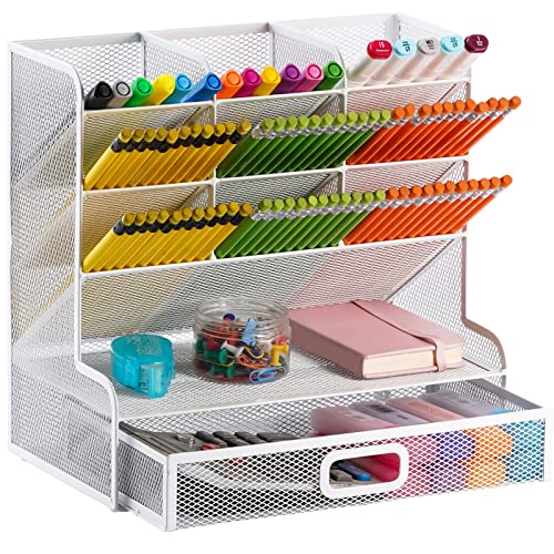Marbrasse Mesh Desk Organizer - Multi-Functional Pen Holder with Drawer, Desktop Stationary Storage Rack for School, Home, Office, Art Supplies (White Mesh) - color: White Pen Holder with Drawer, size: 10.5"*10.1"*5.9"