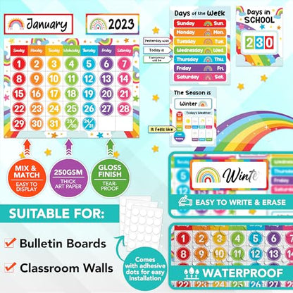 Decorably 147 Pcs Cutouts Vibrant Rainbow Classroom Calendar Set with Borders - Gloss-Laminated Cardstock for Elementary & High School Decoration, Hallways, Study Room