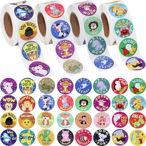 2000Pcs Reward Stickers, 4Rolls Animal Styles Teacher Motivational Sticker for School Classroom Supplies - size: 2000Pcs