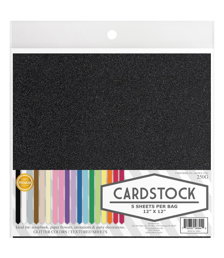 Glitter Crafting Cardstock, 22 Color Choices, 250g. 12" x 12" Inch, 5 Premium Sheets (Black) - color: Black