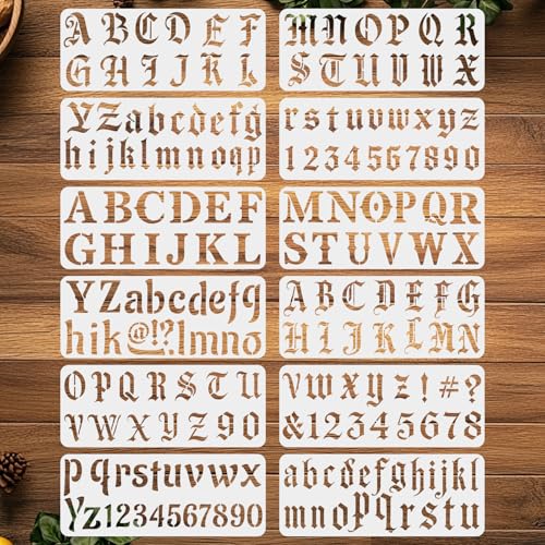 ORIGACH 12 Pcs Gothic Font Stencil Plastic Reusable Old English Stencils Alphabet Number Templates for Drawing Painting on Wall Fabric Furniture - style: Gothic Font