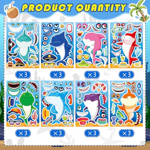 24 Sheets Make Your Own Shark Stickers for Kids Toddlers, Sea Ocean Animals Birthday Party Favors Activities - style: Shark