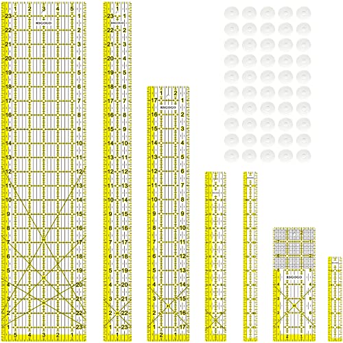 Acrylic Ruler 7 Piece Set, Non Slip Rings 50 Pieces, Quilting Rulers, Size (6"x24"), (2"x24"), (3"x18"), (3"x8"), (1.5"x12"), (1"x12"), (1"x6") (Yellow-7 Piece Set) - color: Yellow-7 piece set