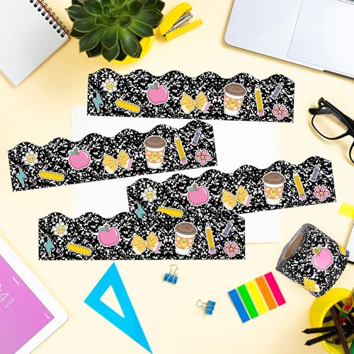 BeYumi Composition Rolled Border Trim - 65ft Back to School Composition Pencil Bow Scalloped Rolled Border Trim Ruler Apple Bulletin Board Set School Classroom Office Chalkboard Party Holiday Decor - style: Black Notebook