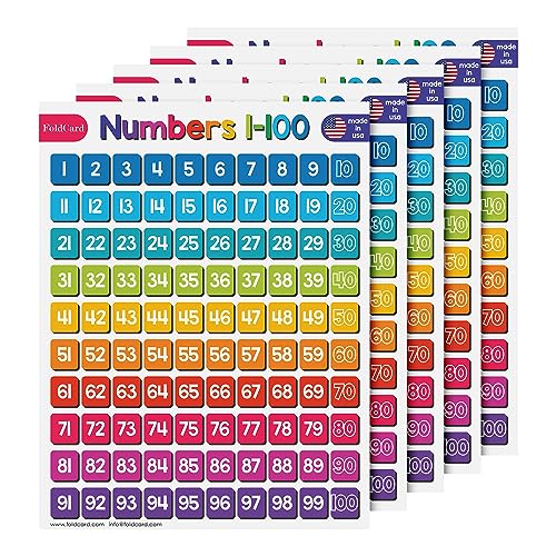 FoldCard Numbers 1-100 Chart Educational Poster 8.5x11 5pk | Glossy cardstock; bright classroom decorations; preschool-grade 1 learning aid for kids & school supplies - color: Numbers 1-100