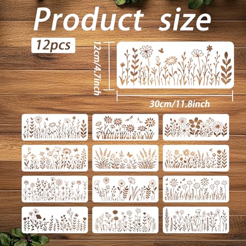 ORIGACH 12 Pcs 11.81 x 4.72 Inches Large Wildflowers Stencil Flowers Stencils Reusable Drawing Template for Painting on Walls, Furnitures, Canvas, Garden - style: Wildflowers