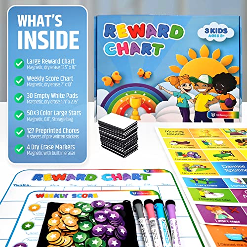 Large Magnetic Reward Chart for Multiple Kids (1-3 Kids) - 127 Pre-Written Stickers (Including Potty Training) + 30 Custom Chores - Behavior, Responsibility & Incentive Star Chart for Your Fridge - style: Up to 3 Kids