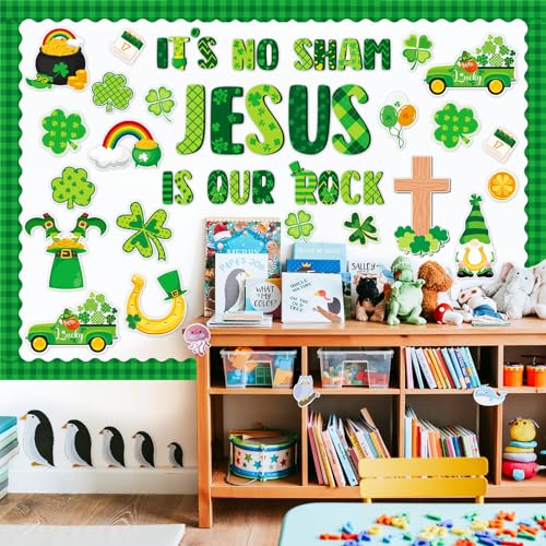 gisgfim St. Patrick's Day Jesus Bulletin Board Decorations Jesus is Our Rock Bulletin Board Set Happy St.Patrick Luck Shamrock Clover Cutouts Borders Decor for Irish Classroom Home Wall(St. Patrick's) - style: St. Patrick's Day Jesus