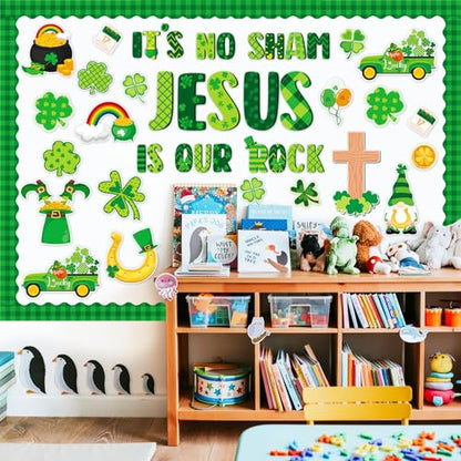 gisgfim St. Patrick's Day Jesus Bulletin Board Decorations Jesus is Our Rock Bulletin Board Set Happy St.Patrick Luck Shamrock Clover Cutouts Borders Decor for Irish Classroom Home Wall(St. Patrick's) - style: St. Patrick's Day Jesus
