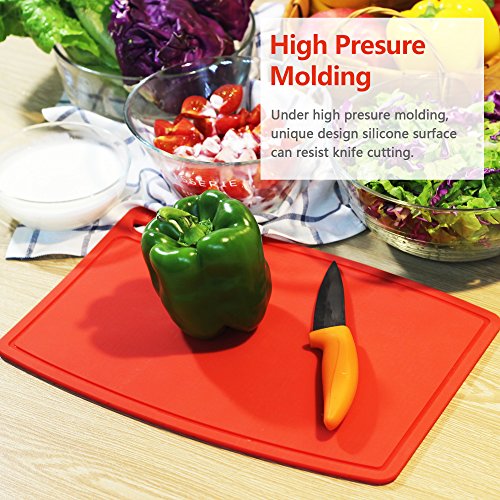 Liflicon Thick Cutting Boards for Kitchen Silicone Chopping Board Set of 2 Mid 12.6'' x 9.1”,Mini 9.1”x7.1” Non-slip Deep Drip Juice Groove Easy Grip Handle,Dishwasher Safe-Red - color: Red, size: S+M