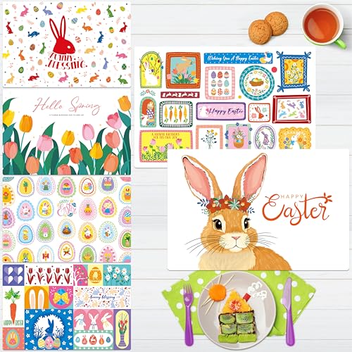 6 Pack Easter Placemats, Non-Slip Washable, Reusable Placemat - Bunnies, Flowers, Easter Eggs, Holiday Theme Placemats for Home, Office, Restaurant, Dining Table, Adults, Kids - style: Easter
