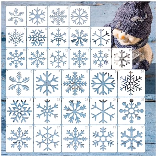 30 Pieces Christmas Snowflake Stencil Reusable Plastic Drawing Painting Stencil Winter Holiday Templates Stencils for Crafts Window Glass Wall Cookies (30 Snowflakes) - style: 30 snowflakes