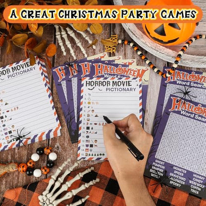 COCHIE 30 Players Halloween Party Games for Adults Family Office Large Groups, Horror Movie Name Pictionary Game, Riddle Game, Word Search Games with Answer Key (Halloween Purple) - style: Halloween Purple