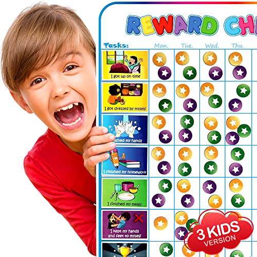 Large Magnetic Reward Chart for Multiple Kids (1-3 Kids) - 127 Pre-Written Stickers (Including Potty Training) + 30 Custom Chores - Behavior, Responsibility & Incentive Star Chart for Your Fridge - style: Up to 3 Kids