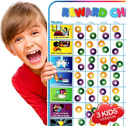 Large Magnetic Reward Chart for Multiple Kids (1-3 Kids) - 127 Pre-Written Stickers (Including Potty Training) + 30 Custom Chores - Behavior, Responsibility & Incentive Star Chart for Your Fridge - style: Up to 3 Kids